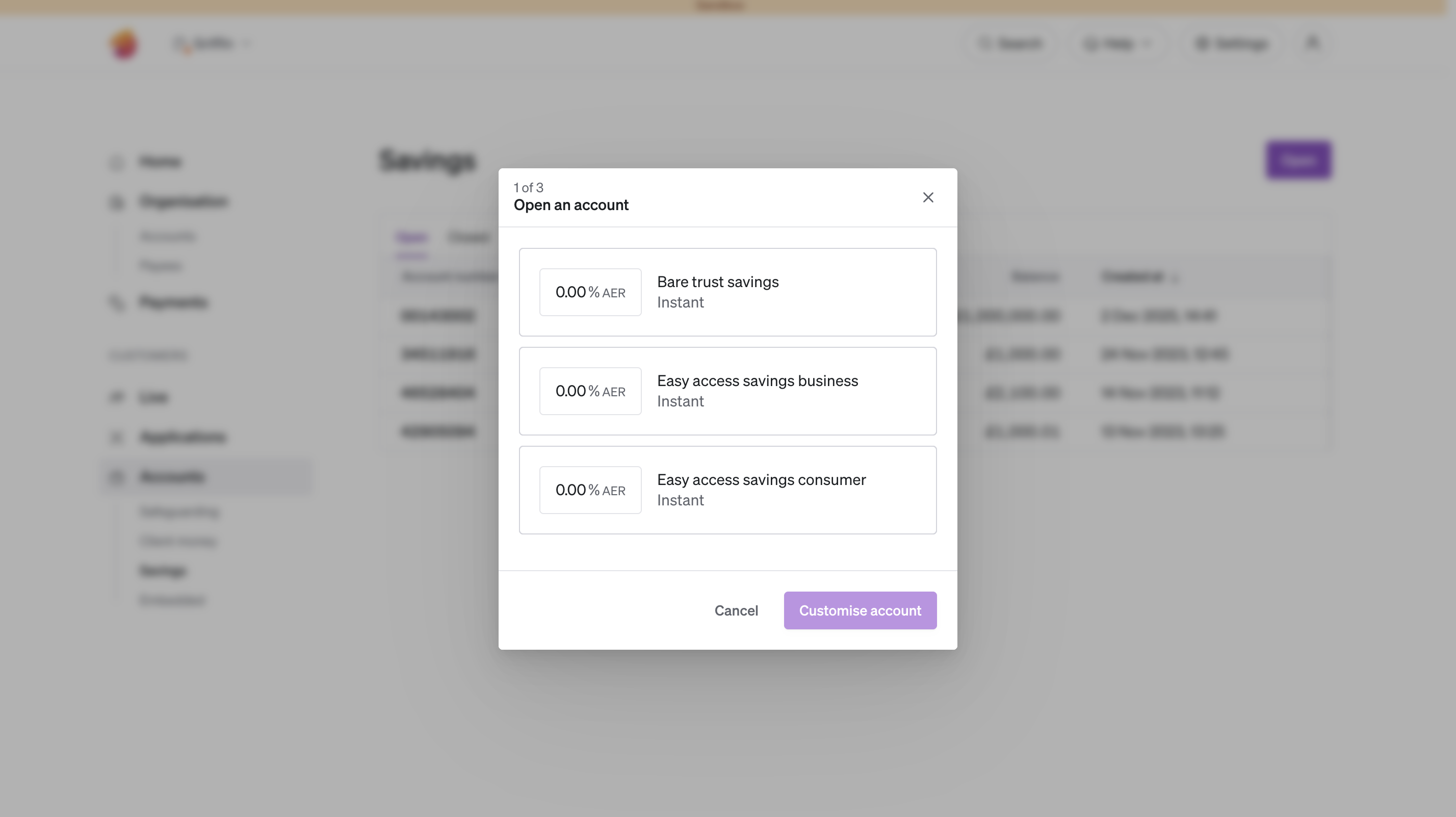 Choosing a bank product when opening a savings account in the Griffin customer app
